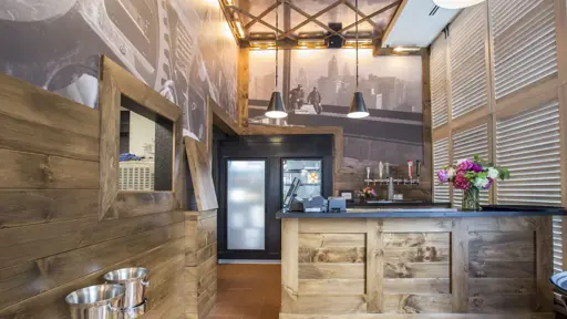 a rustic wood restaurant counter