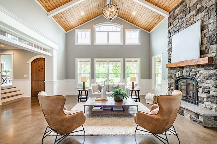 Living Room with Stones and wood ceilings